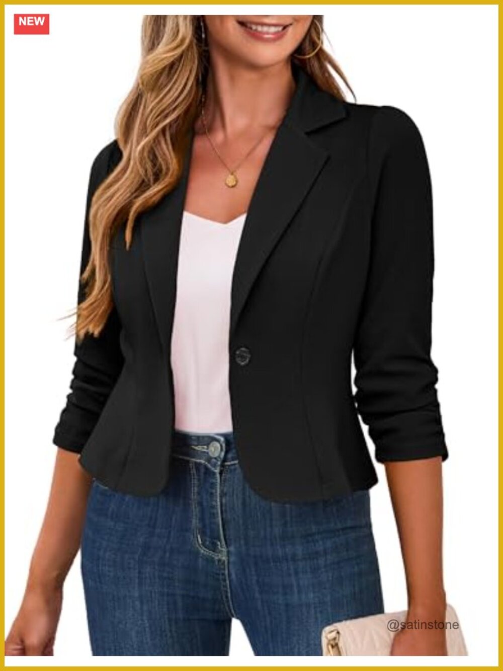 Cropped Blazer for Women 3/4 Ruched Sleeve Business Casual Lightweight